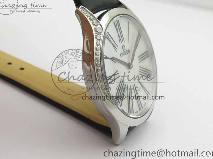 0406 ZeroBulk Ladies’ De Ville Trésor Diamond SS 3AF 1:1 Best Edition White Dial Black Markers On Black fabric strap Swiss Quartz 7880